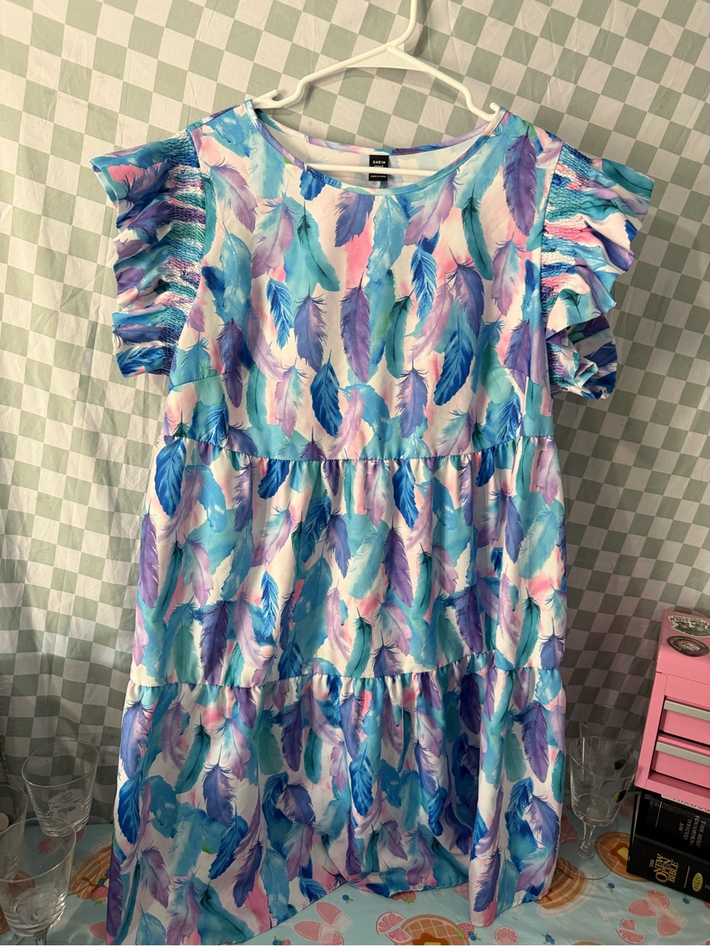 SHEIN Blue, Purple & Pink Feather-Print Tiered Dress